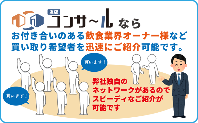 “出店退店コンサール”なら弊社独自のネットワークがあるので、お付き合いのある飲食業界オーナー様など買い取り希望者を迅速にご紹介可能です。